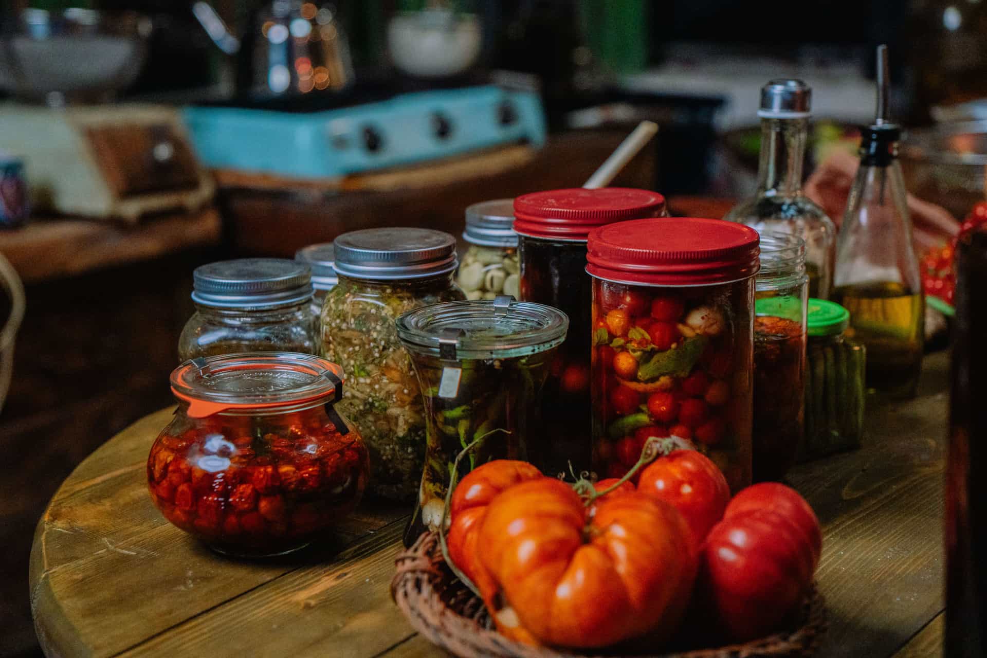 Colorful preserved vegetables in a kitchen setting
