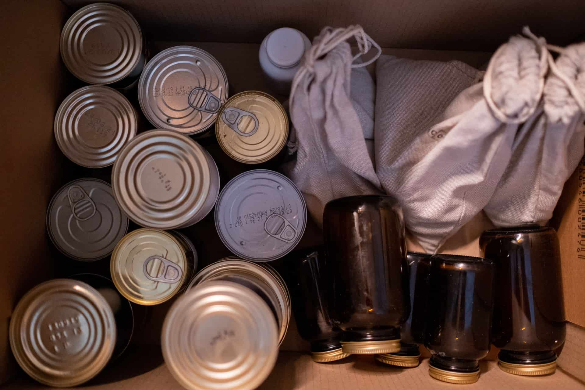 Canned food stored in a box